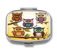 Petit pilulier carré en métal avec 2 compartiments - Motif hiboux et oiseaux