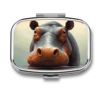 Petit pilulier carré Hippo avec 2 compartiments - Organiseur de médicaments portable en métal - Mini médicament de voyage - Supplément de vitamines pour sac à main