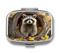 Petit pilulier carré raton laveur dans le trou d'arbre d'automne avec 2 compartiments - Organiseur de médicaments portable en métal - Mini médicament de voyage - Supplément de vitamines pour sac à