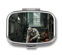 Petit pilulier carré sur le thème de l'horreur d'Halloween avec 2 compartiments - Organiseur de médicaments portable en métal - Mini médicament de voyage - Supplément de vitamines pour sac à main