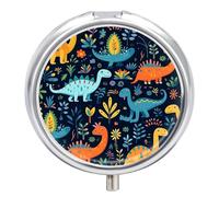 Petit pilulier de voyage à 3 compartiments avec miroir résistant à l'humidité - Dinosaure vibrant - Portable - Organiseur de médicaments rond - Boîte de rangement pour vitamines
