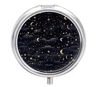 Petit pilulier de voyage à 3 compartiments avec miroir résistant à l'humidité, étoiles et lune sur fond sombre, organiseur de médicaments de poche rond