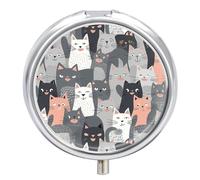 Petit pilulier de voyage à 3 compartiments avec miroir résistant à l'humidité - Motif chat gris mignon et amusant - Organiseur de médicaments rond - Boîte de rangement pour vitamines