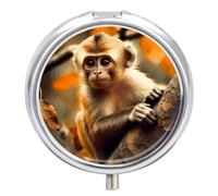 Petit pilulier de voyage à 3 compartiments avec miroir résistant à l'humidité - Singe sur l'arbre - Portable - Organiseur de médicaments rond - Boîte de rangement pour vitamines