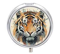 Petit pilulier de voyage à 3 compartiments avec miroir résistant à l'humidité - Tigre dessiné à la main - Organiseur de médicaments rond - Boîte de rangement pour vitamines