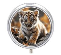Petit pilulier de voyage à 3 compartiments avec miroir résistant à l'humidité - Tigre mignon - Portable - Organiseur de médicaments rond - Boîte de rangement pour vitamines