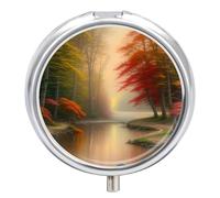Petit pilulier de voyage, boîte à pilules ronde en métal pour sac à main, pilulier portable à 3 compartiments avec miroir, mini pilulier pour voyage ou quotidien - Peinture d'automne au lever de