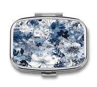 Petit pilulier de voyage en métal à motif floral bleu turquoise à 2 compartiments pour médicaments quotidiens pour vitamines, huile de poisson