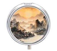 Petit pilulier de voyage, pilulier rond en métal pour sac à main, pilulier portable à 3 compartiments, pilulier pour voyage ou quotidien, architecture chinoise antique et peinture à l'encre de paysage