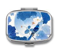 Petit pilulier de voyage portable avec 2 compartiments bleus et blancs de style chinois pour fleurs et oiseaux - Boîte à pilules pour huile de poisson - Organisateur de médicaments mignon
