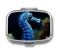 Petit pilulier de voyage portable avec 2 compartiments - Hippocampe bleu - Boîte à pilules de poche pour huile de poisson - Organisateur de médicaments mignon - Organisateurs de vitamines