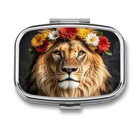 Petit pilulier de voyage portable avec 2 compartiments, lion africain portant une fleur sur sa tête, pilules, huile de poisson, organisateur de vitamines