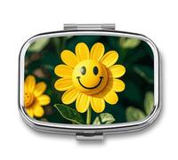 Petit pilulier de voyage portable avec 2 compartiments - Motif smiley jaune - Pour huile de poisson - Organisateur de médicaments et de vitamines