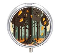 Petit pilulier de voyage rond en métal pour sac à main, pilulier portable à 3 compartiments avec miroir, mini pilulier pour voyage ou quotidien - Motif grand arbre d'automne plat