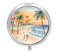 Petit pilulier de voyage rond en métal pour sac à main, pilulier portable à 3 compartiments avec miroir, mini pilulier paysage d'été pour voyage ou quotidien - Scène de plage par une journée