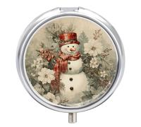 Petit pilulier de voyage rond en métal pour sac à main, pilulier portable à 3 compartiments avec miroir, mini pilulier pour voyage ou quotidien - Bonhomme de neige vintage et peinture de rose blanche