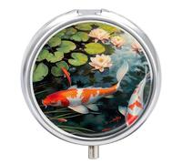 Petit pilulier de voyage rond en métal pour sac à main, pilulier portable à 3 compartiments avec miroir, mini pilulier de poisson pour voyage ou quotidien - Peinture de carpes koï porte-bonheur