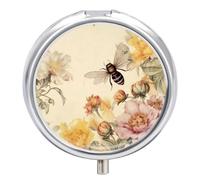 Petit pilulier de voyage rond en métal pour sac à main, pilulier portable à 3 compartiments avec miroir, mini pilulier pour voyage ou quotidien - Peinture vintage d'abeilles et pivoines