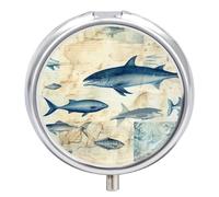 Petit pilulier de voyage rond en métal pour sac à main, pilulier portable à 3 compartiments avec miroir, mini pilulier pour voyage ou quotidien - Différents types de poissons sur un fond vintage
