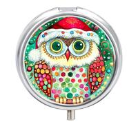 Petit pilulier de voyage rond en métal pour sac à main, pilulier portable à 3 compartiments avec miroir, mini pilulier pour voyage ou quotidien - Hibou coloré et boule de Noël