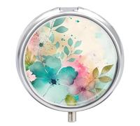Petit pilulier de voyage rond en métal pour sac à main, pilulier portable à 3 compartiments avec miroir, mini pilulier pour voyage ou quotidien - Peinture florale printanière aquarelle