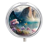Petit pilulier de voyage rond en métal pour sac à main, pilulier portable à 3 compartiments avec miroir, mini pilulier pour voyage ou quotidien - Peinture à l'huile sur la montagne, les fleurs et les
