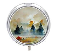 Petit pilulier de voyage rond en métal pour sac à main, pilulier portable à 3 compartiments avec miroir, mini pilulier pour voyage ou quotidien - Forêt brumeuse en peinture aquarelle d'automne