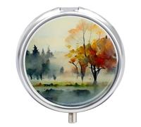 Petit pilulier de voyage rond en métal pour sac à main, pilulier portable à 3 compartiments avec miroir, mini pilulier pour voyage ou quotidien - Aquarelle, paysage de forêt d'automne