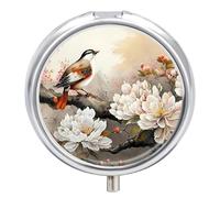 Petit pilulier de voyage rond en métal pour sac à main, pilulier portable à 3 compartiments avec miroir, mini pilulier pour voyage ou quotidien - Peinture chinoise oiseau et pivoine