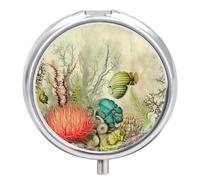 Petit pilulier de voyage rond en métal pour sac à main, pilulier portable à 3 compartiments avec miroir, mini pilulier pour voyage ou quotidien - Une variété de créatures marines peinture vintage