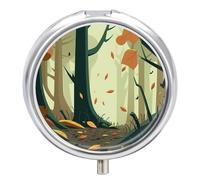 Petit pilulier de voyage rond en métal pour sac à main, pilulier portable à 3 compartiments avec miroir, mini pilulier pour voyage ou quotidien - Peinture de forêt d'automne de dessin animé