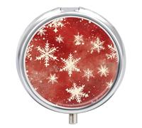 Petit pilulier de voyage rond en métal pour sac à main, pilulier portable à 3 compartiments avec miroir, mini pilulier pour voyage ou quotidien - Motif flocons de neige et pois sur fond rouge