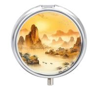 Petit pilulier de voyage rond en métal pour sac à main, pilulier portable à 3 compartiments avec miroir, mini pilulier pour voyage ou quotidien - Peinture à l'encre de paysage de montagne chinoise