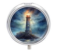 Petit pilulier de voyage rond en métal pour sac à main, pilulier portable à 3 compartiments avec miroir, mini pilulier pour voyage ou quotidien - Phare, nuit, mer, océan, peinture
