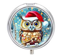 Petit pilulier de voyage rond en métal pour sac à main, pilulier portable à 3 compartiments avec miroir, mini pilulier pour voyage ou quotidien - Hibou debout sur une branche paysage d'hiver