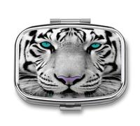 Petit pilulier en métal à 2 compartiments en forme de tigre avec yeux bleu sarcelle - Organiseur de voyage portable pour médicaments quotidiens pour vitamines, huile de poisson