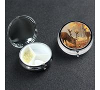 Petit pilulier en métal à 3 compartiments pour sac à main ou poche de voyage - Pilulier portable - Cerf, arbres d'automne, médicaments pour vitamines, huile de poisson