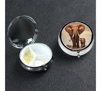 Petit pilulier en métal à 3 compartiments pour sac à main ou poche de voyage Pilulier portable éléphant et bébé éléphant Organiseur de médicaments pour vitamines, huile de poisson