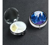 Petit pilulier en métal à 3 compartiments pour sac à main ou poche de voyage - Pilulier portable - Motif loup bleu et lune - Organiseur de médicaments pour vitamines, huile de poisson