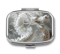 Petit pilulier en métal style dragon blanc à 2 compartiments pour sac à main ou poche - Pilulier carré en métal pour médicaments quotidiens pour contenir des vitamines, de l'huile de poisson