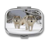 Petit pilulier portable à 2 compartiments avec deux loups marchant dans la neige - Pilulier de poche ou sac à main - Pilulier en métal - Organiseur de vitamines