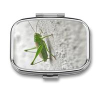 Petit pilulier portable à 2 compartiments avec image de sauterelle verte imprimée pour poche ou sac à main, pilulier en métal, organiseur de vitamines