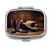 Petit pilulier portable à 2 compartiments - Chapeau noir - Bottes occidentales - Pour poche ou sac à main - Pilulier en métal - Organiseur de vitamines