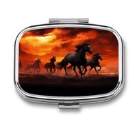Petit pilulier portable à 2 compartiments - Chevaux rouges - Nuages lumineux - Pour poche ou sac à main - Pilulier en métal - Organisateur de vitamines