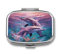 Petit pilulier portable à 2 compartiments en métal avec motif dauphins pour poche ou sac à main