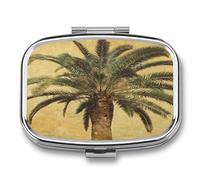 Petit pilulier portable à 2 compartiments en métal avec motif palmier imprimé tropical pour poche ou sac à main