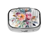 Petit pilulier portable à 2 compartiments en métal pour vitamines - Joli bouquet de fleurs aquarelle - Pilulier de voyage pour sac à main