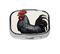 Petit pilulier portable à 2 compartiments en métal pour vitamines - Joli coq noir - Pour sac à main