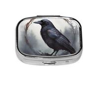 Petit pilulier portable à 2 compartiments en métal pour vitamines - Joli corbeau noir - Pour sac à main