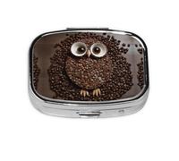 Petit pilulier portable à 2 compartiments en métal pour vitamines - Joli grain de café - Hibou - Pilulier de voyage pour sac à main